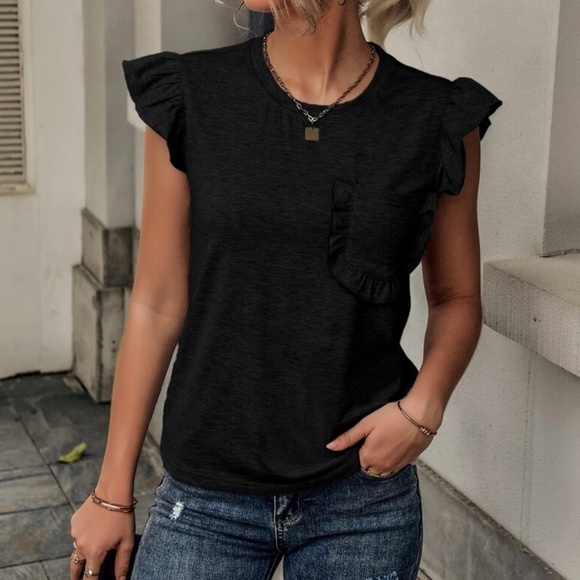 Boho Royal blue Pocket Ruffle Sleeve Casual Top - Picture 2 of 10